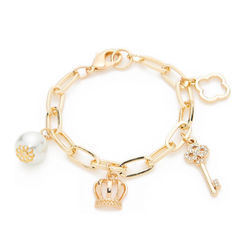Gold-Tone Pearl Charm Link Bracelet